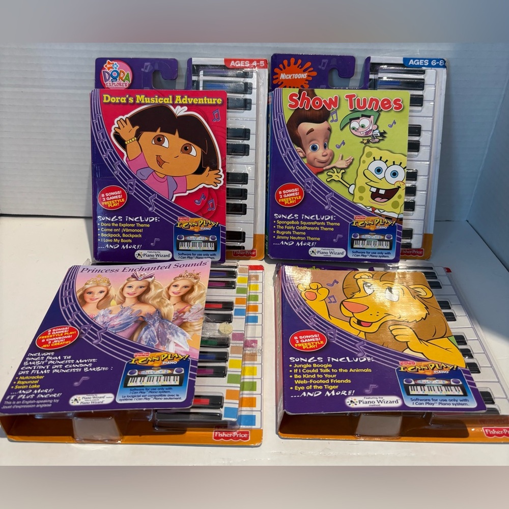 FISHER PRICE I can Play Piano Lot of 4 Cartridges Dora Sponge Bob Barbie Jungle